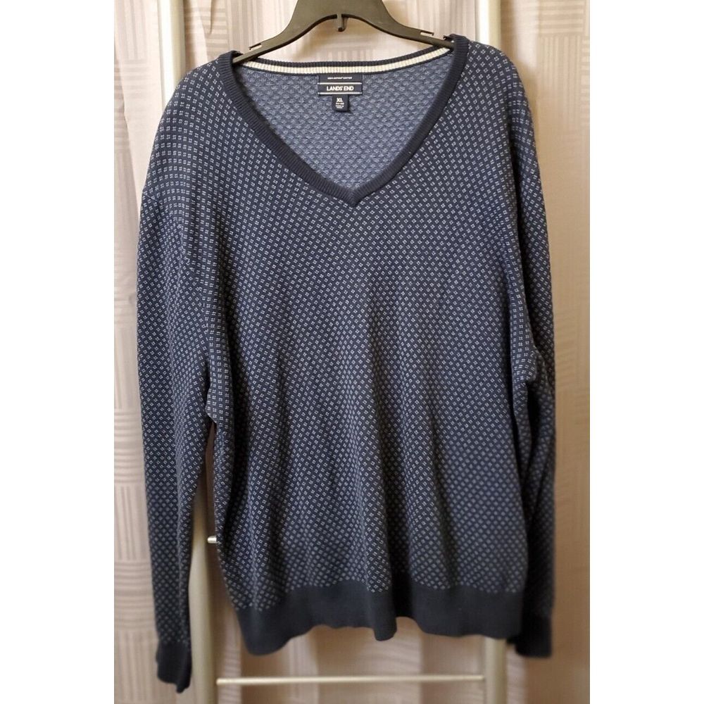 LANDS END SUPIMA fine gauge V-neck sweater Mens sz XL Navy Blue Long Sleeve